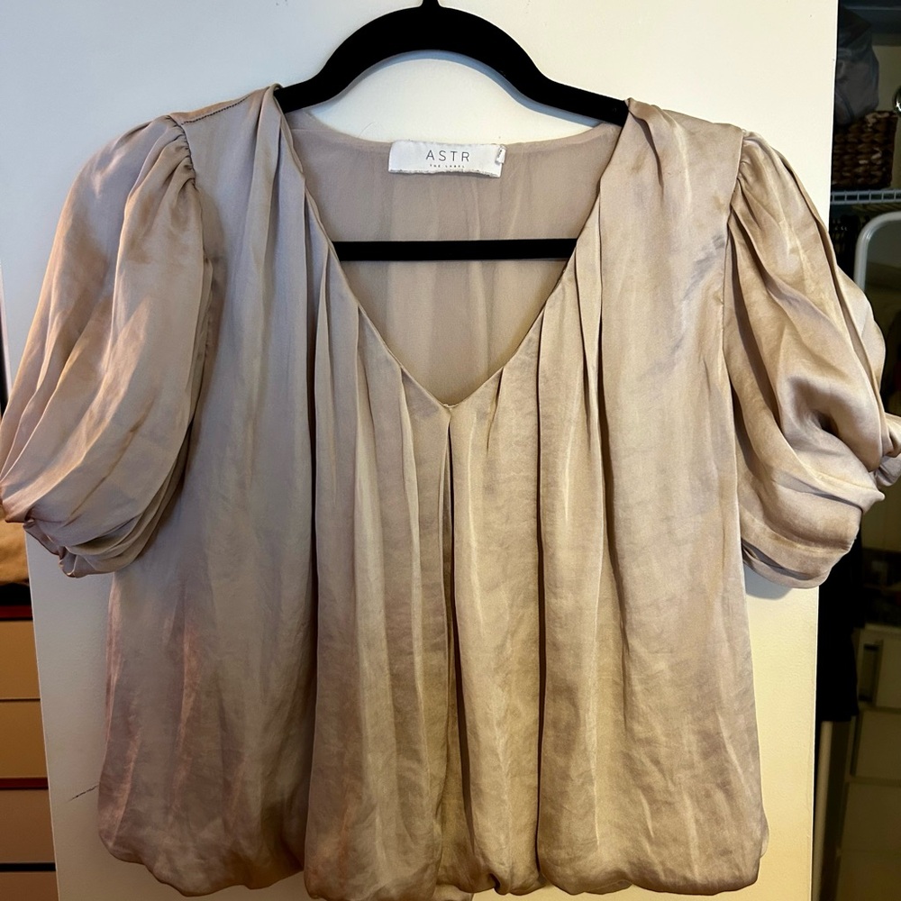 Cream Silk Puff Sleeve Blouse with Pleated Design